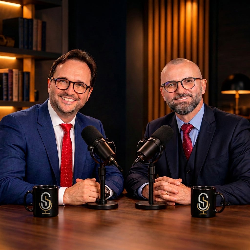 Moacir e Alexandro Guirão, de fones de ouvido, conversam diante de microfones no estúdio do Entre Sócios